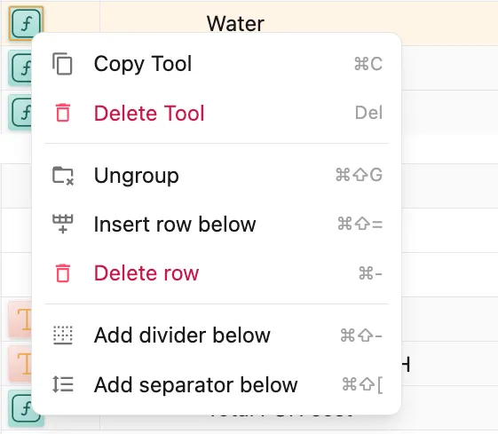 Right-click on tool icon