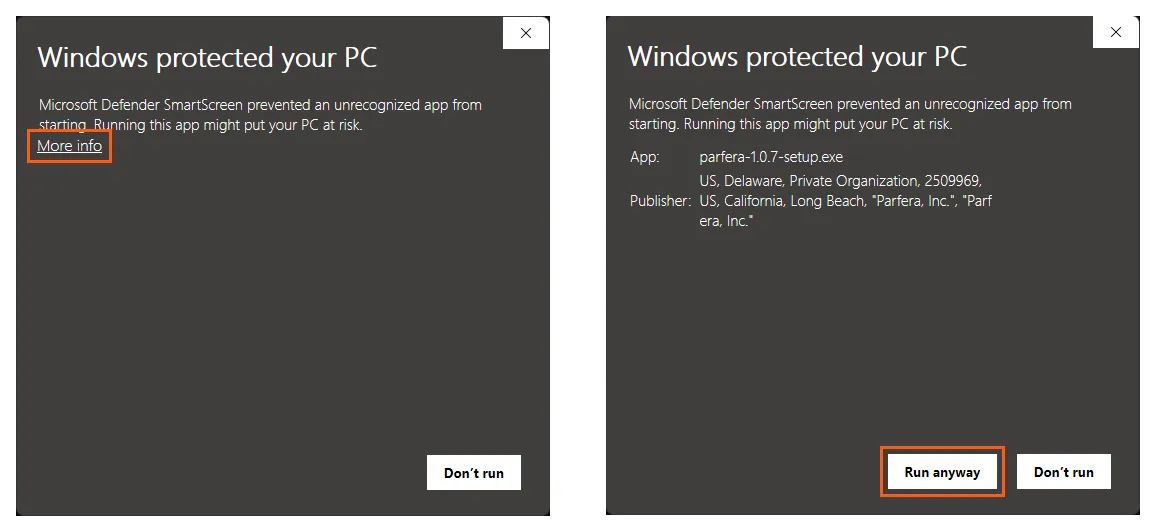 Windows SmartScreen More info and Run anyway