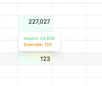 Overwritten import cell with hover tooltip
